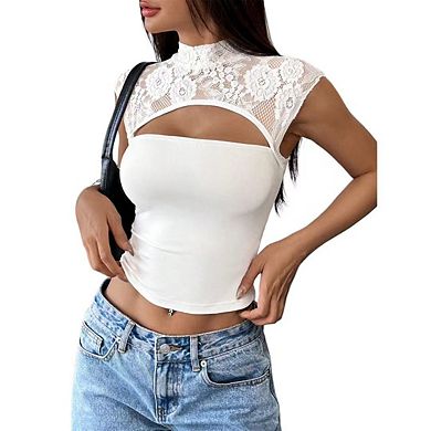 Women Y2K Outfit for Going Out Sheer Mesh Lace Shrug and Strapless Crop Top