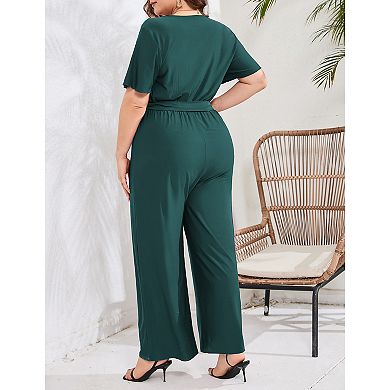 Plus Size Women Ruffle Trim Short Sleeve Tie Waist Jumpsuit