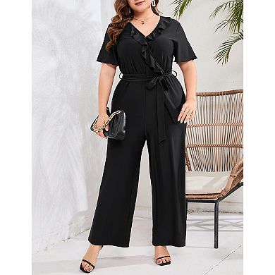 Plus Size Women Ruffle Trim Short Sleeve Tie Waist Jumpsuit
