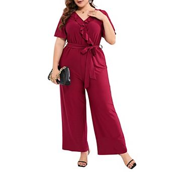 Plus Size Women Ruffle Trim Short Sleeve Tie Waist Jumpsuit