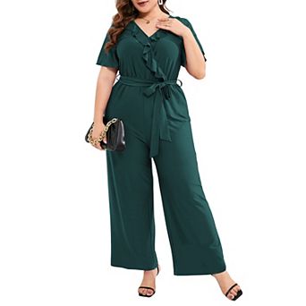 Plus Size Women Ruffle Trim Short Sleeve Tie Waist Jumpsuit