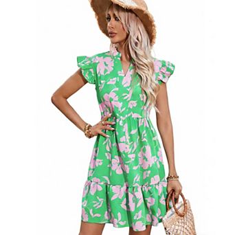 Women's Floral Print Ruffle Sleeve Dress, V-Neck Tiered Ruffle Hem Casual Summer Dress