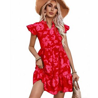 Women's Floral Print Ruffle Sleeve Dress, V-Neck Tiered Ruffle Hem Casual Summer Dress