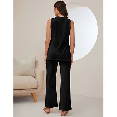 Women's Sets Sleeveless Split Top Paired with Ribbed Pants Casual Loose Set