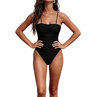 Women's 1 pc Bandeau Neck Adjustable Spaghetti Strap Ribbed Texture Swimsuit