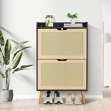 Hidden Shoe Storage Cabinet with 2 Flip Rattan Drawers & Anti-Tip Design Slim Shoe Organizer