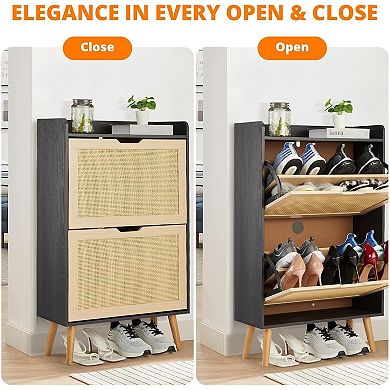 Hidden Shoe Storage Cabinet with 2 Flip Rattan Drawers & Anti-Tip Design Slim Shoe Organizer