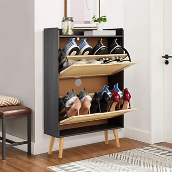 Hidden Shoe Storage Cabinet with 2 Flip Rattan Drawers & Anti-Tip Design Slim Shoe Organizer