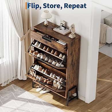Shoe Storage Cabinet with 2 Flip Drawers and 1 Drawer, Entryway Shoe Organizer with Drawer