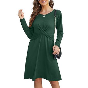 Women's Long Sleeve Dresses Ruched Waist Crew Neck Flowy A Line High Low Midi Dress