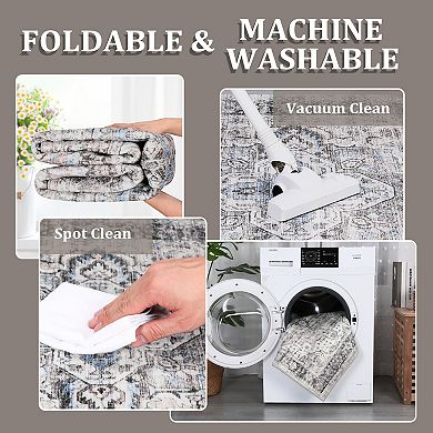 Washable Area Rug with Non-Slip Backing,Living Room Bedroom,Foldable Low Pile Carpet Floral Pattern