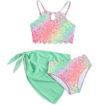 Girls' 4-7 Years 3 pc Bikini Set, Rainbow Leopard Print Swimsuit with Green Sarong Cover-Up