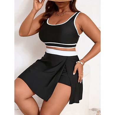 Women's Plus Size Sports Swimsuits Black and White Block Color Patch with Boxer Shorts