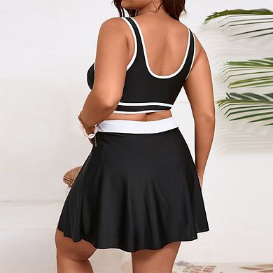 Women's Plus Size Sports Swimsuits Black and White Block Color Patch with Boxer Shorts