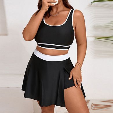 Women's Plus Size Sports Swimsuits Black and White Block Color Patch with Boxer Shorts