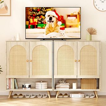 2 pc Rattan Shoe Cabinet with Doors, 4 tier Shoe Storage Cabinet for Entryway, Shoe Rack Organizer