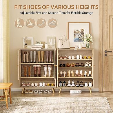 2Pcs Rattan Shoe Cabinet with Doors, 4-Tier Shoe Storage Cabinet for Entryway, Shoe Rack Organizer