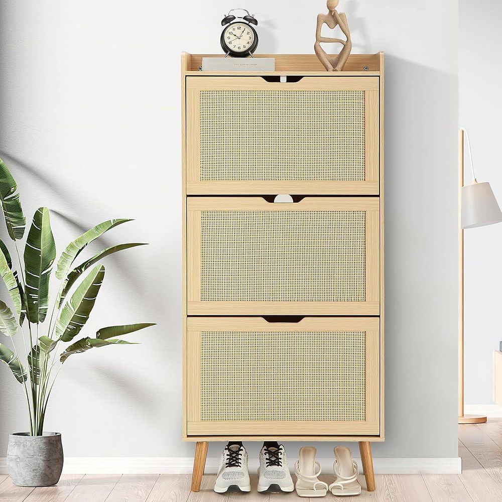 キャビネット Shoe Cabinet - Hidden Shoe Storage with 3 Flip Rattan Flip-Drawer