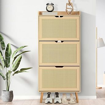 Shoe Cabinet - Hidden Shoe Storage with 3 Flip Rattan Flip-Drawer and Anti-Tip Design, Shoe Cabinet