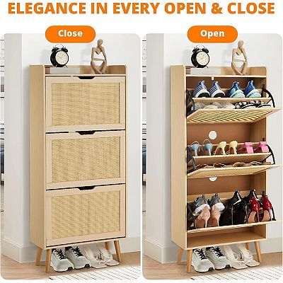 Shoe Cabinet - Hidden Shoe Storage with 3 Flip Rattan Flip-Drawer