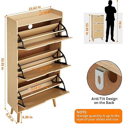 Shoe Cabinet - Hidden Shoe Storage with 3 Flip Rattan Flip-Drawer