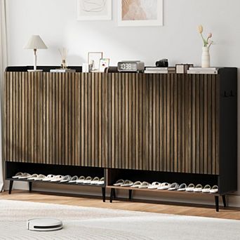 Large Shoe Cabinet with Doors，6 tier Shoe Organizer with 3 Doors & Additional Hooks for Hallway