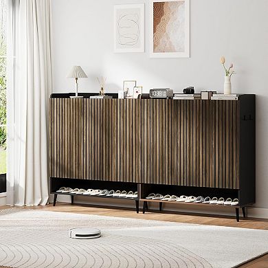 Large Shoe Cabinet with Doors，6-Tier Shoe Organizer with 3 Doors & Additional Hooks for Hallway