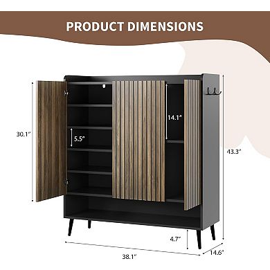 Large Shoe Cabinet with Doors，6-Tier Shoe Organizer with 3 Doors & Additional Hooks for Hallway