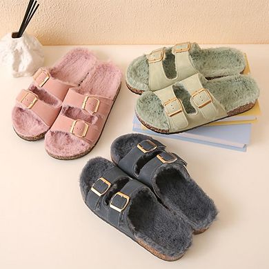 Roxoni Women’s Feather-Embellished Open-Toe Slippers with Adjustable Buckles