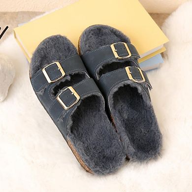 Roxoni Women’s Feather-Embellished Open-Toe Slippers with Adjustable Buckles