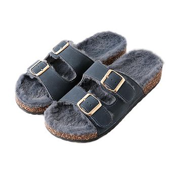 Roxoni Women’s Feather-Embellished Open-Toe Slippers with Adjustable Buckles