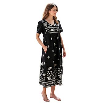 Loungees Border Print Cotton Lounge Dress House Dress Caftan 3 Button Bib Yoke Short Sleeve