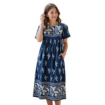 Loungees Border Print Cotton Lounge Dress House Dress Caftan 3 Button Bib Yoke Short Sleeve