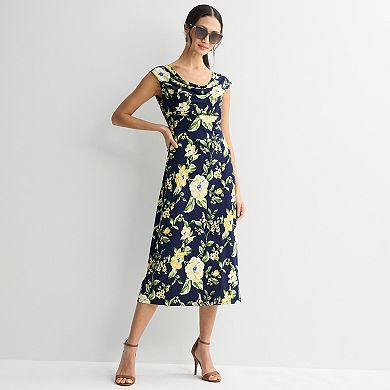 Women's Studio Connection Printed Cap Sleeve Drape Neck Midi Dress