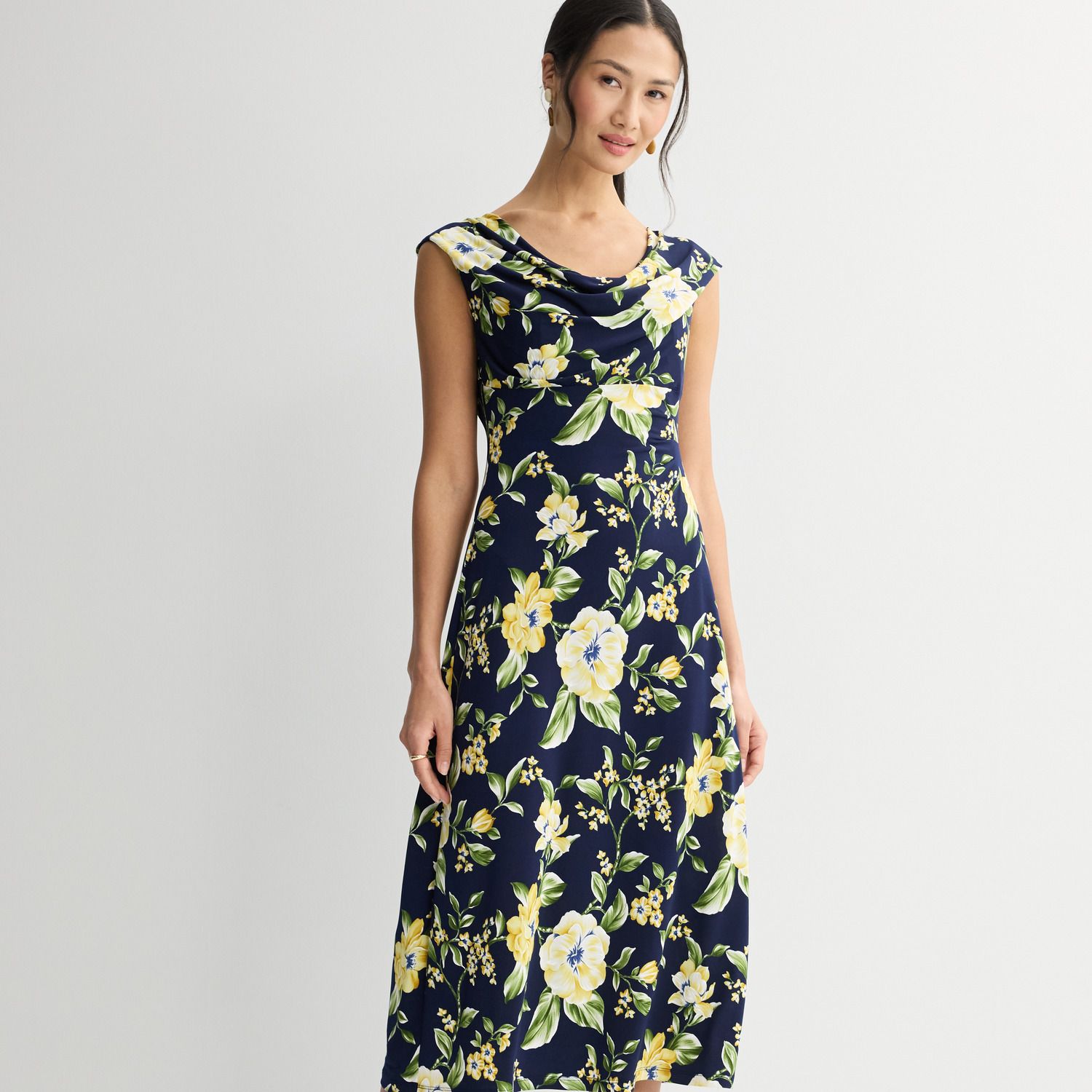 Женские платья Studio Connection Printed Cap Sleeve Drape Neck Midi Dress