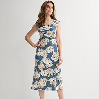 Women's Studio Connection Printed Cap Sleeve Drape Neck Midi Dress