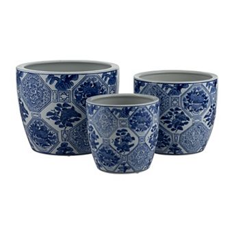 Ceramic Planters Flower Pots with Drainage Holes - Set of 3 - 6/8/10", Blue and White