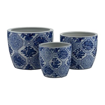 Sagebrook Home Ceramic Set of 3 6/8/10" Chinoiserie Planters, Blue/white