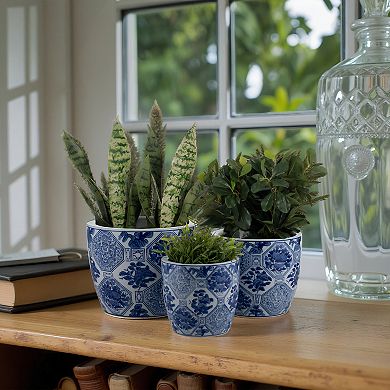 Ceramic Planters Flower Pots with Drainage Holes - Set of 3 - 6/8/10", Blue and White