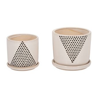 Ceramic Plant Pots with Triangle Dot Design - Indoor and Outdoor - Set of 2 - 7", 5" White