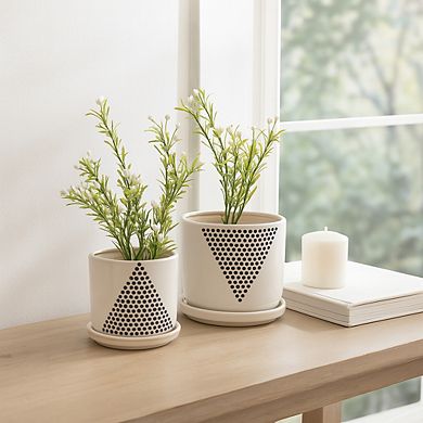 Ceramic Plant Pots with Triangle Dot Design - Indoor and Outdoor - Set of 2 - 7", 5" White