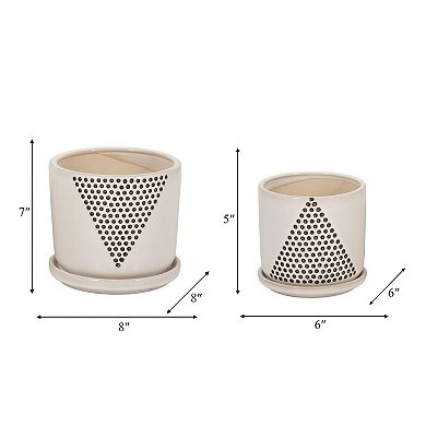 Ceramic Plant Pots with Triangle Dot Design - Indoor and Outdoor - Set of 2 - 7", 5" White