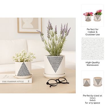 Ceramic Plant Pots with Triangle Dot Design - Indoor and Outdoor - Set of 2 - 7", 5" White