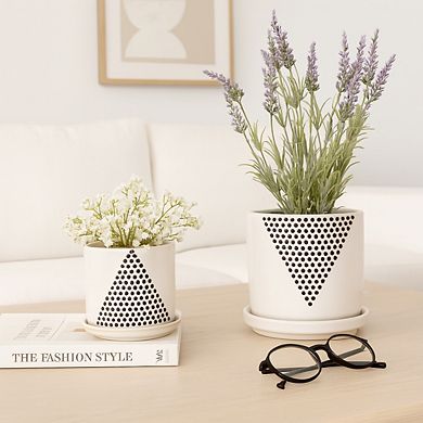 Ceramic Plant Pots with Triangle Dot Design - Indoor and Outdoor - Set of 2 - 7", 5" White