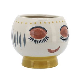 Ceramic Face Planter Pot - Hand-Painted Plant Holder - 6" Ivory, Yellow, Blue