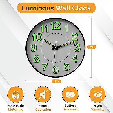 Clockswise 12" Round Wall Clock Glow in the Dark Luminous Green Numbers & Hands Easy-Read