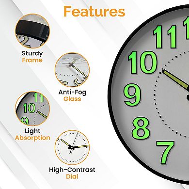 Clockswise 12" Round Wall Clock Glow in the Dark Luminous Green Numbers & Hands Easy-Read