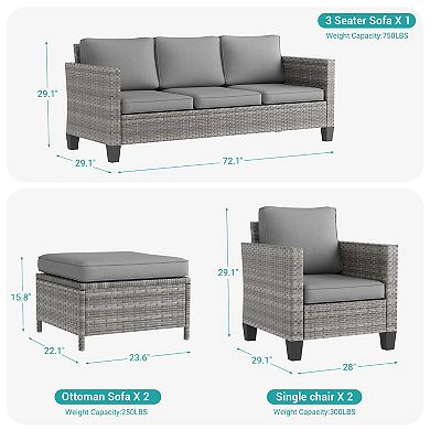 5-Piece Patio Sofa Set Grey Rattan Outdoor Furniture Set Three-Seat Sofa Ottomans