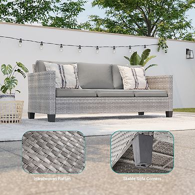 5-Piece Patio Sofa Set Grey Rattan Outdoor Furniture Set Three-Seat Sofa Ottomans