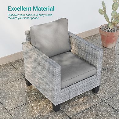 5-Piece Patio Sofa Set Grey Rattan Outdoor Furniture Set Three-Seat Sofa Ottomans